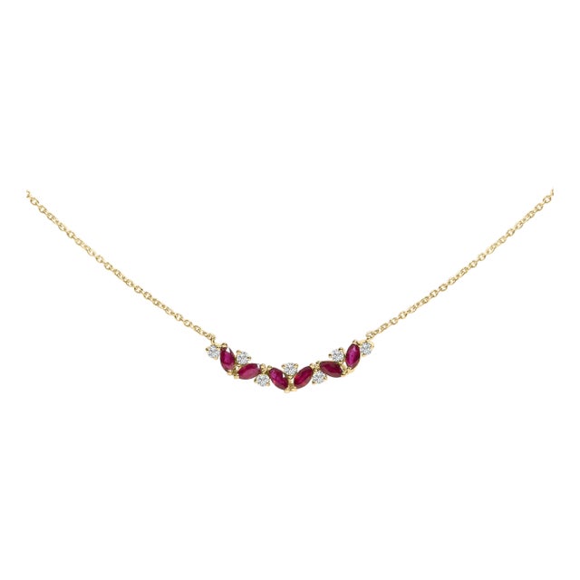 14K Yellow Gold Red Ruby and Diamond Trio Bar Line Necklace For Sale