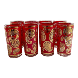 Vintage Culver 22k Red & Gold Paisley Highball Glasses - Set of 8