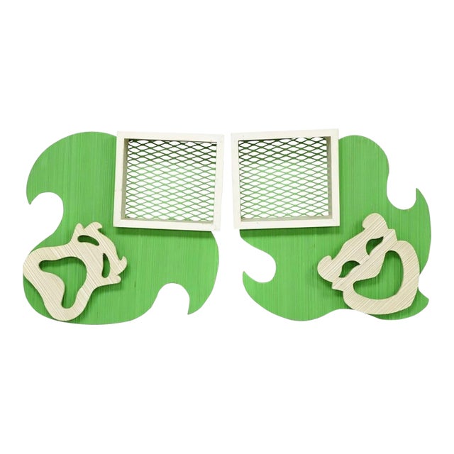Vintage Mid Century Modern Green Theater Mask Shadowbox Wall Pocket Shelf - Pair For Sale
