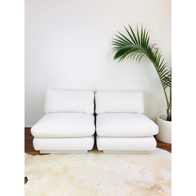 Wood Vintage 1970s Pair of Modern Slipper Chairs & Ottoman in White Faux Shearling / Boucle Upholstery by Marge Carson For Sale - Image 7 of 11