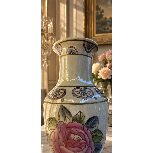 1970s Vintage Hand-Painted Asian Porcelain Floral Vase | Pink Roses, Purple Flowers, Gold Trim 12.5in For Sale - Image 5 of 9