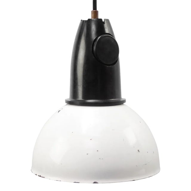 Vintage Industrial White Enamel Pendant with Bakelite Top, 1970s For Sale