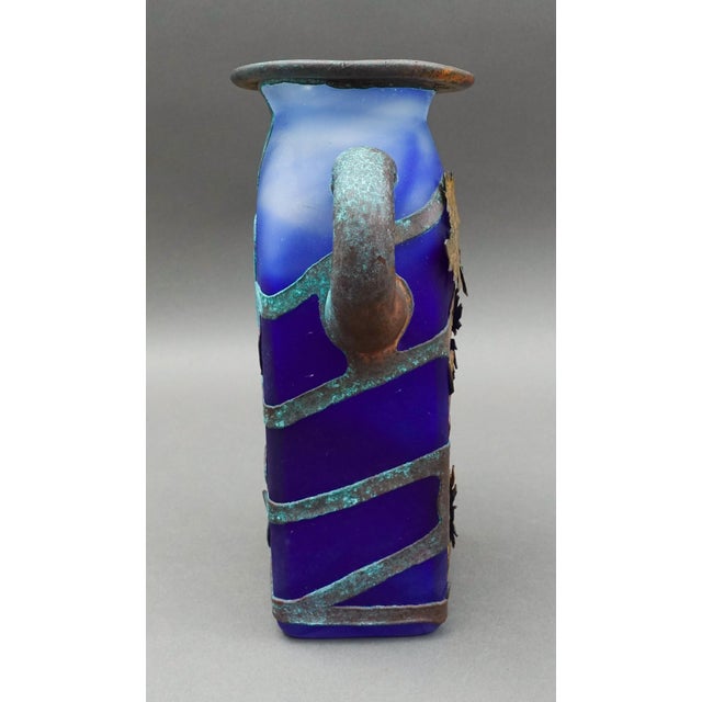 Anca Podaru Ama Romanian Copper Overlay Handled Art Glass Nouveau Vase. Measures approximately 6 1/2" long, 3 3/4" wide, 9...