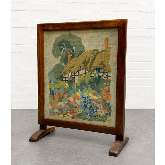 Antique Needlepoint Fires Screen With Cottage Garden Scene, Wood Framed Hearth Screen, C. 1920s–1940s For Sale - Image 10 of 11