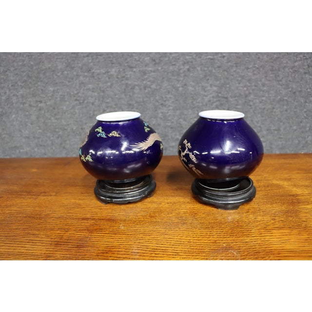 Pair of Japanese Cobalt Blue Porcelain Vases With Copper Overlay For Sale In Philadelphia - Image 6 of 12