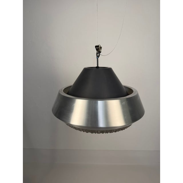 Space Age Pendant Lamp in Brushed Aluminium and Amber Pressed Glass, 1970s For Sale - Image 6 of 12