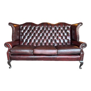 English High-Back Chesterfield Sofa with Queen Anne Legs in Burgundy Leather, 1980s For Sale