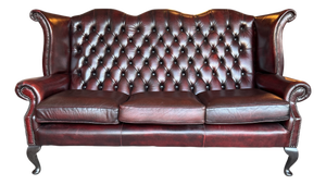 English High-Back Chesterfield Sofa with Queen Anne Legs in Burgundy Leather, 1980s