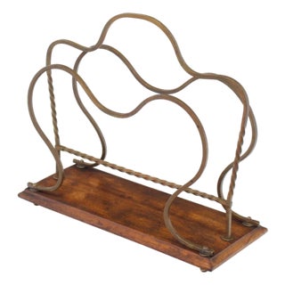 Mid 20th Century Arts and Crafts Twisted Brass and Wood Magazine Rack For Sale