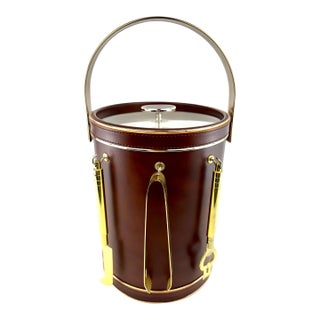 Vintage Mid Century Brown Leatherette & Gold Ice Bucket Barware Set With Tools For Sale