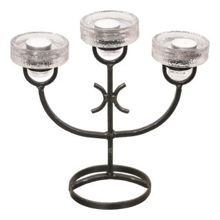 Vintage Swedish Iron 3-Arm Candelabra with Glass Inserts, 1970s For Sale