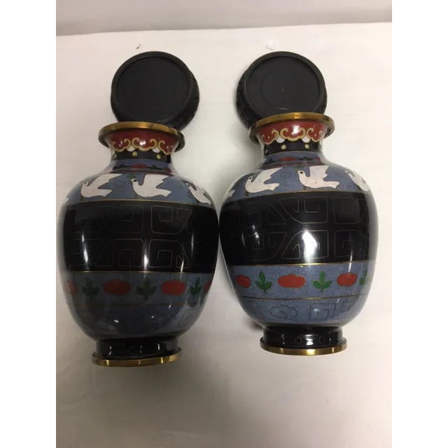 Asian Antique Vintage Asian Cloisonne Vases - A Pair For Sale - Image 3 of 8