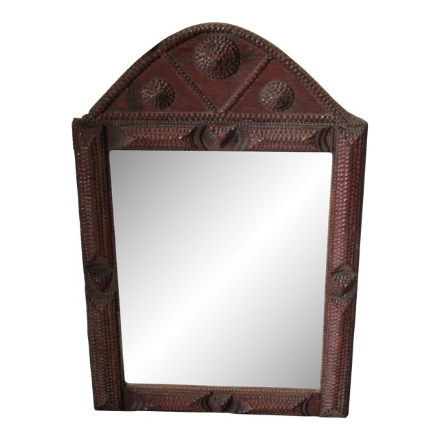 Rare Antique French Tramp Art Mirror, 25" T X 16” W For Sale