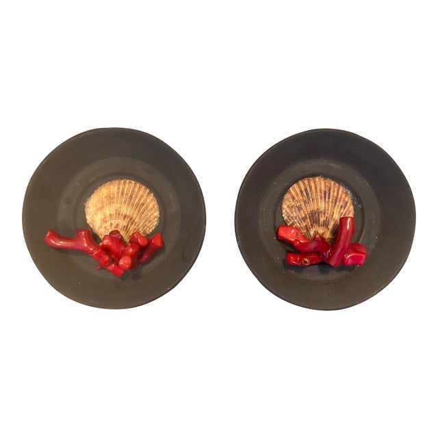 Vintage Wedgwood Basalt Plates Encrusted in Shells - Pair For Sale