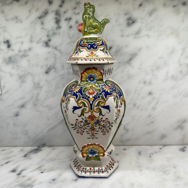 Fantastic French lidded delft style vase - from Rouen, France, with green dog knob. Lovely piece in wonderful polychrome...