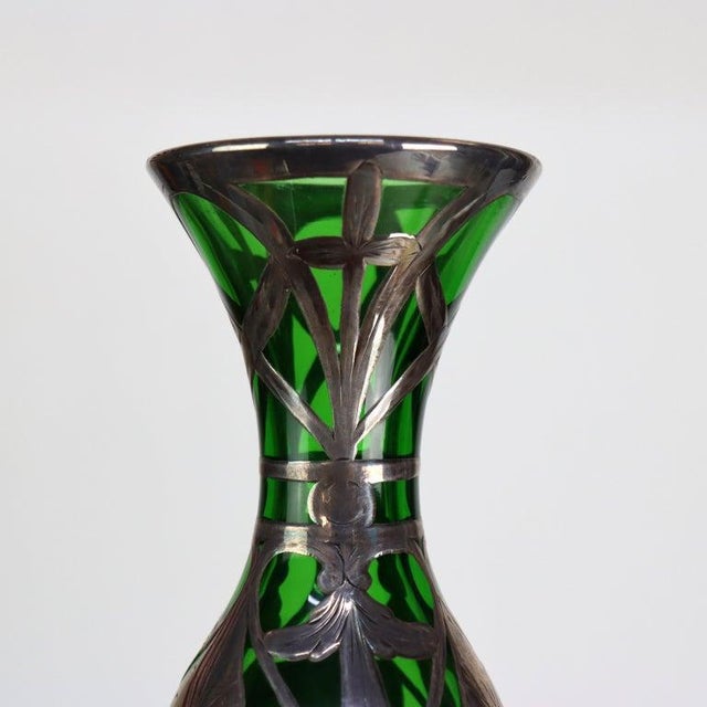 Antique Alvin Manufacturing Co. Art Nouveau Foliate Sterling Silver Over Emerald Green Glass Vase C1890 Measures - 8 1/8"...