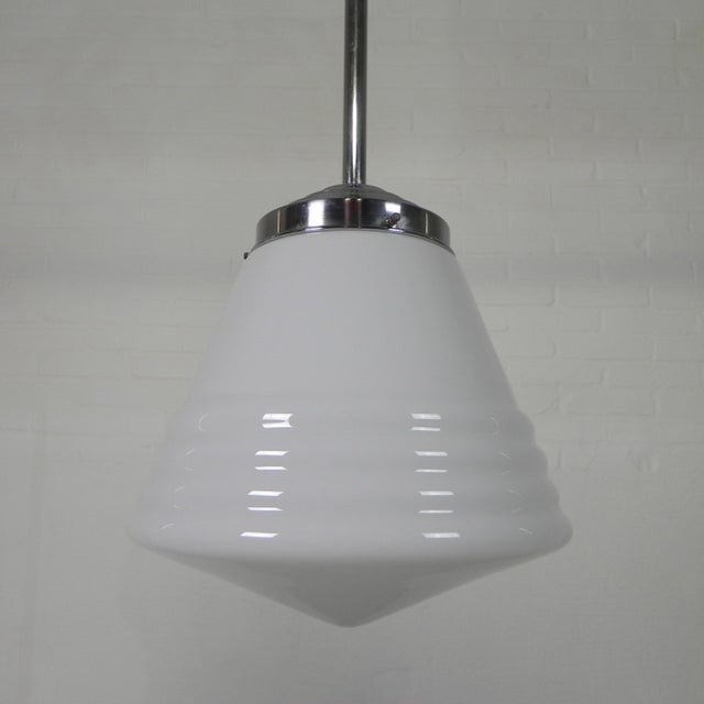 Silver Art Deco Pendant Lamp with Opaline Glass Shade, 1930s For Sale - Image 8 of 15