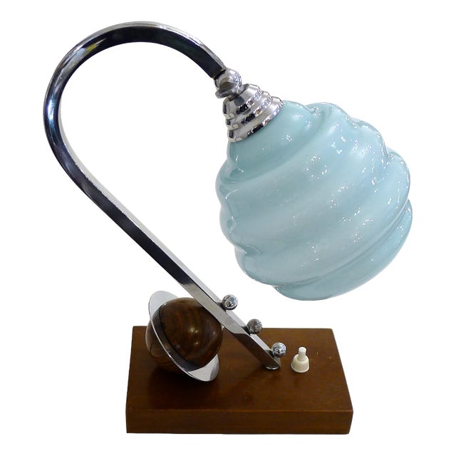 Art Deco Sculptural Saturn Table Lamp in Light Blue Opaline Glass, 1930s For Sale