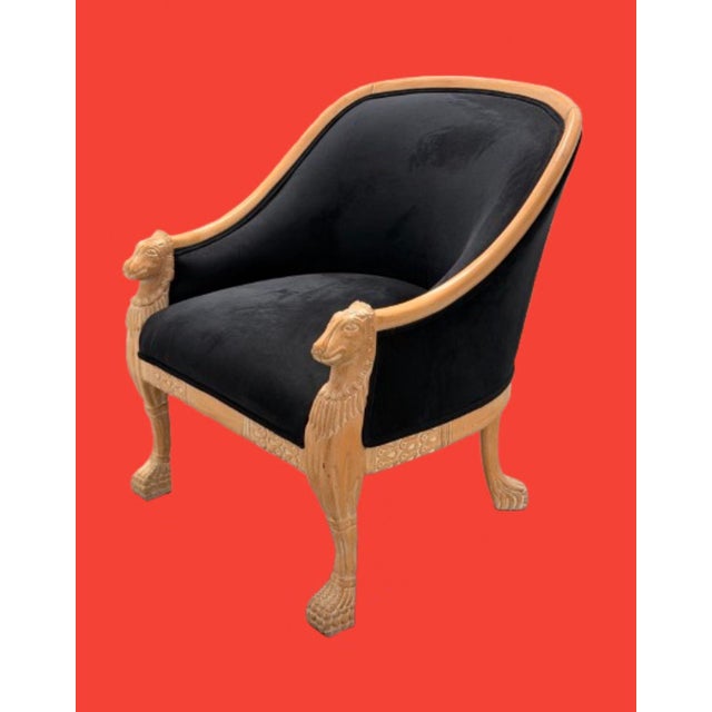 Rustic European Mid 20th Century French Empire Style Bergère Chair With New Midnight Blue Velvet Upholstery For Sale - Image 3 of 10