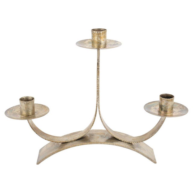 1930s Vintage Art Deco Handmade Candlestick in Silver-Plated Brass, Germany, 1930s For Sale - Image 5 of 5