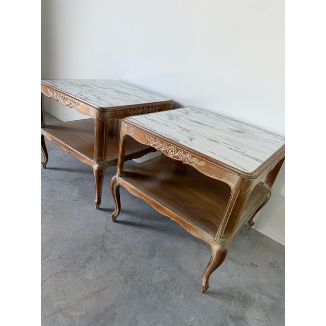 Vintage French Provincial Style Two Tier Marble Top End Tables – A Pair For Sale - Image 13 of 17
