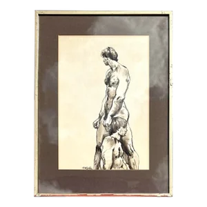 Vintage Boho Ink Figure Painting Signed by the Artist