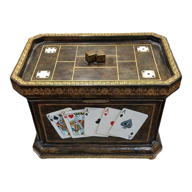 Vintage Tooled Leather Dice and Card Decorated Box by Maitland-Smith For Sale