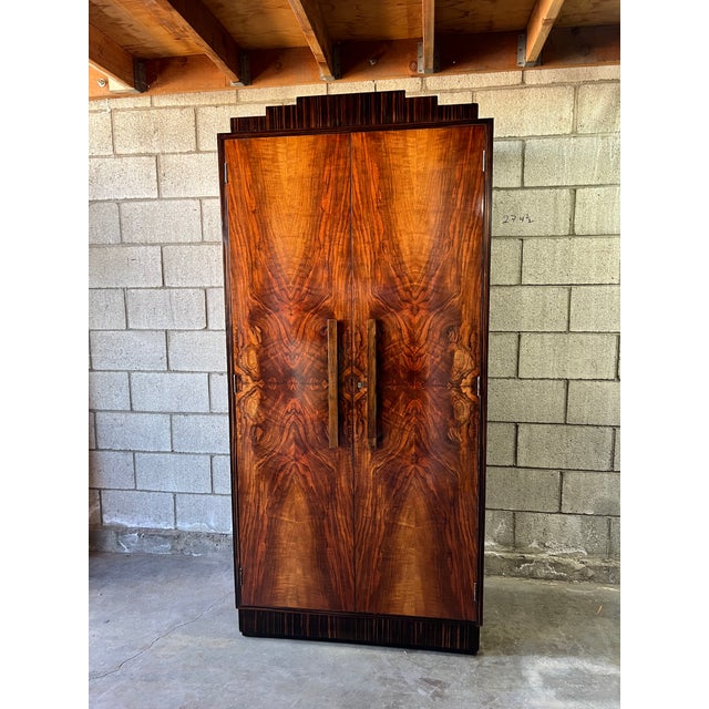 Wood Exceptional Art Deco Petite Armoire in Bookmatched Flamed Walnut & Macassar Detailing For Sale - Image 7 of 15
