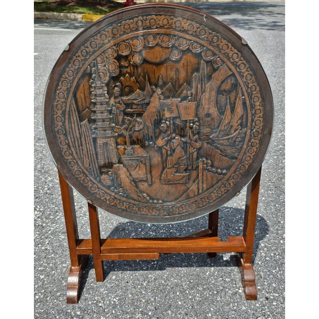 Chinese Chinese Carved Hardwood and Glass Tilt-Top Tea Table or Side Table For Sale - Image 3 of 8