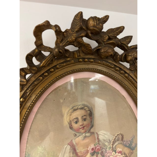Cream Antique Papier Peint Garden Scene in a Water-Gilded Wood Frame For Sale - Image 8 of 13