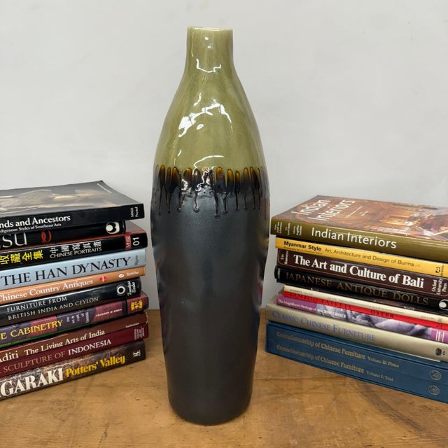 Rustic Tall Olive & Charcoal Ceramic Vase with Amber Drip Glaze For Sale - Image 3 of 10