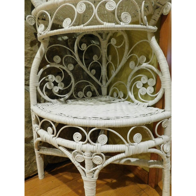 Vintage 1960s White Wicker & Rattan Corner Étagère – Ornate Heart + Scroll Motif, 3-Tier, 60" H For Sale In Providence - Image 6 of 18