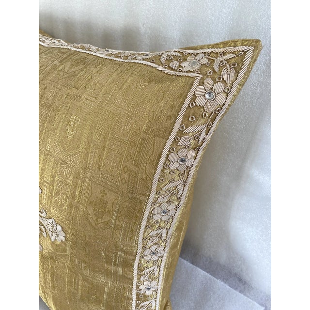Asian Medallion Floral Zardozi Embellished Gold Silk Jacquard. Decorative Pillow Cover For Sale - Image 4 of 6