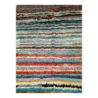 Vintage Handwoven Moroccan Boucherouite Shag Rug in Stripe Pattern in Blue, Green, Pink For Sale