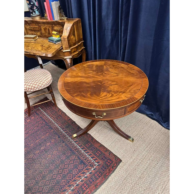 Baker Furniture Federal Style Inlaid Mahogany Two-Drawer Drum Table Federal style drum table by Baker Furniture Company,...