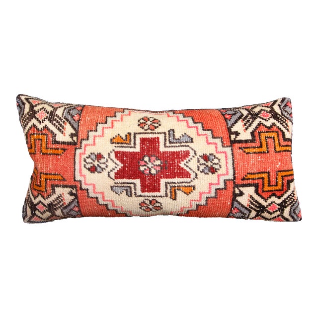 Decorative Turkish Oushak Rug Pillow – Vintage Lumbar Textile Cushion -19'' X 31'' For Sale