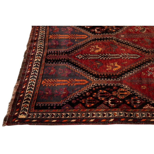 Vintage Shiraz Handmade Tribal Pattern Red Wool Rug For Sale - Image 4 of 10