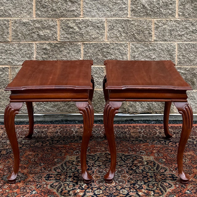 A pair of vintage Knob Creek Penn Manor collection Traditional Queen Anne solid cherry tea tables. Features black...