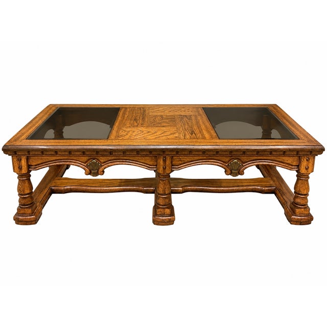 Vintage Mediterranean Revival Parquet-Pattern Wood and Smoked Glass Coffee Table For Sale - Image 18 of 18