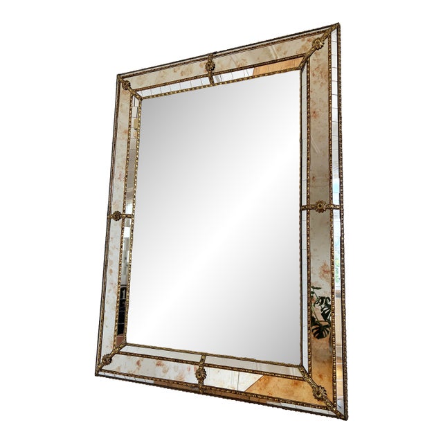 Vintage Spanish Venetian-Style Wall Mirror, Rectangular, Brass, 1980s Hollywood Regency For Sale