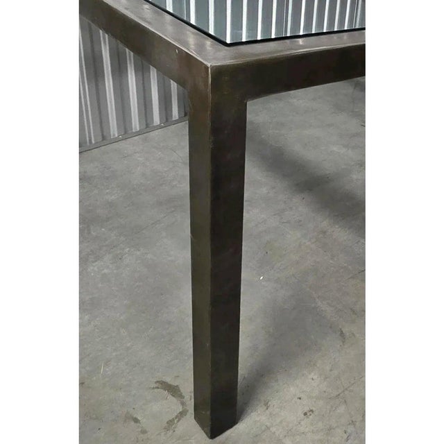Mid 20th Century Hollywood Regency Brushed Metal W/Brass Accents and Glass Top on Wood Grid Dining Table For Sale - Image 4 of 8