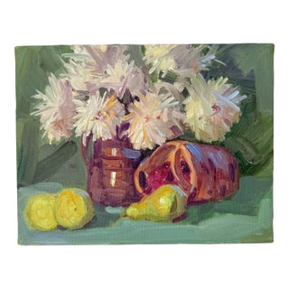 Original Dahlias and Pears Still Life, Oil Painting on Canvas For Sale