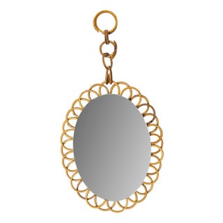 Mid-Century French Rattan Circle Mirror, 1960s For Sale