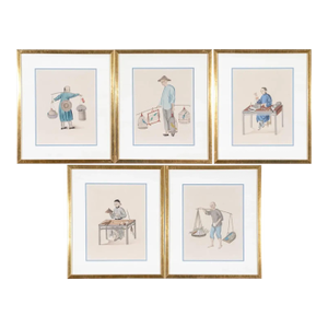 Antique 19th Century Chinese Prints of a Bird Seller, Hat Maker, Vegetable Grocer, Seamstress, Etc. - Set of 5