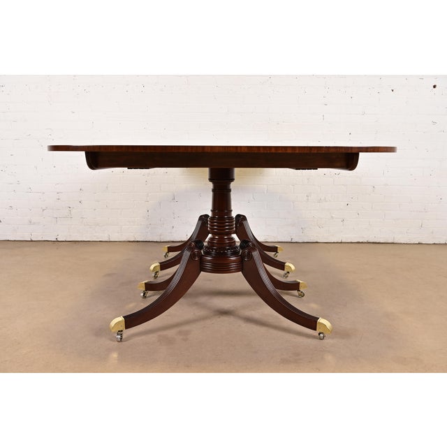 1980s Baker Furniture Georgian Banded Mahogany Double Pedestal Extension Dining Table, Newly Refinished For Sale - Image 13 of 15