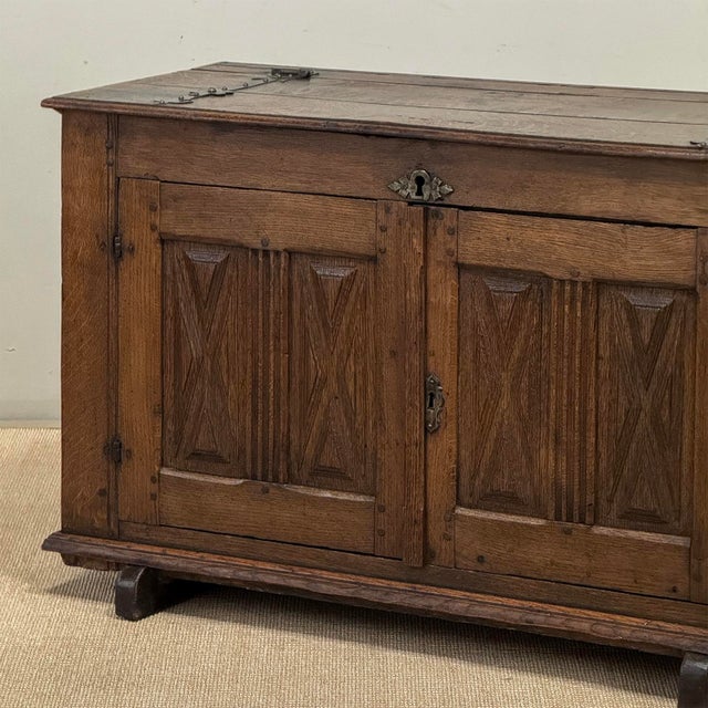 Burnt Umber 18th Century Dutch Hand-Carved Oak Trunk Adapted as Buffet For Sale - Image 8 of 18