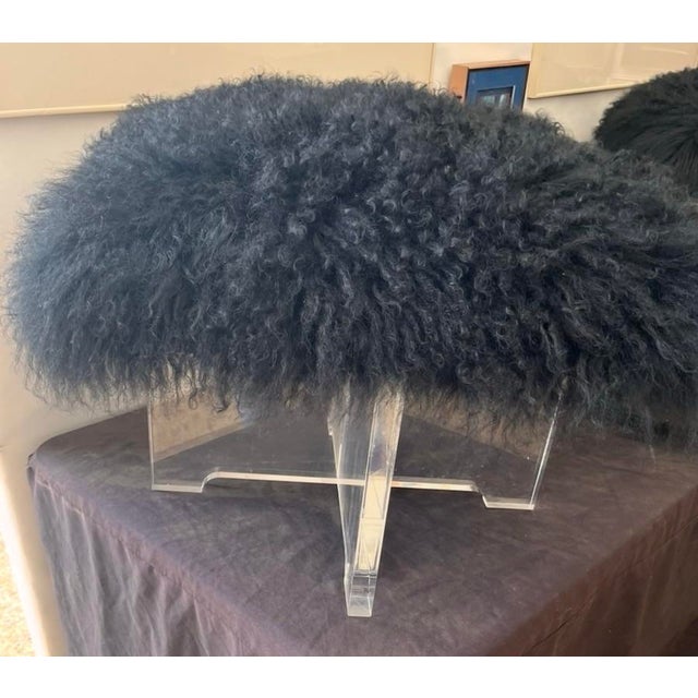 Jonathan Adler Pair of Jonathan Adler Black Mongolian Lamb Fur Lucite Benches / Ottoman’s For Sale - Image 4 of 12