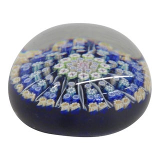 Murano Style Art Glass Paperweight Round Dark Blue Millefori Flower Design 4849b For Sale