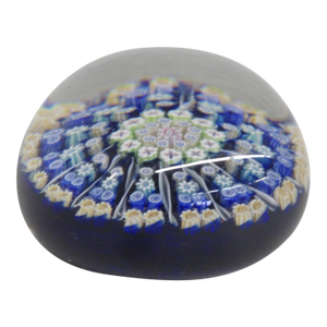 Murano Style Art Glass Paperweight Round Dark Blue Millefori Flower Design 4849b