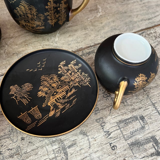 Vintage Kutani China Hand-Painted Black & Gold Japanese Tea Set With Teapot & Cups - Set of 15 For Sale - Image 18 of 18
